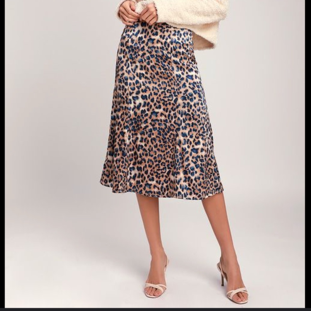 Satin Tan and Navy Blue Leopard Print Midi A-line Skirt by Lulus -Size XS